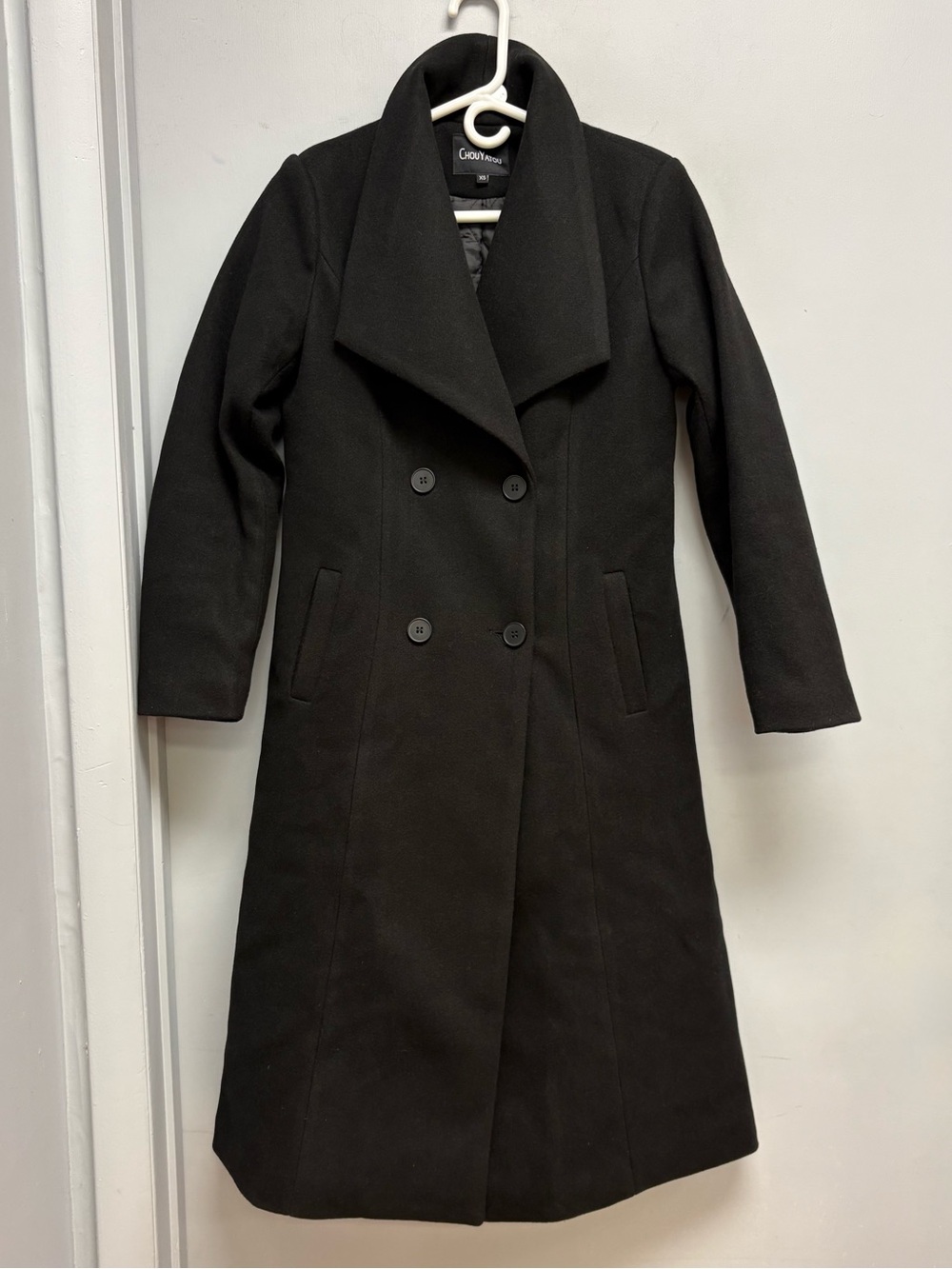 Chouyatou Black Double-Breasted Long Peacoat Wool Blend Coat XS